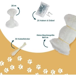 Petsworld Katzennetz 8x3 m: Komplettset mit Netz, Spannseil, Kabelbindern, Haken und Dübeln für sicheren Balkon.