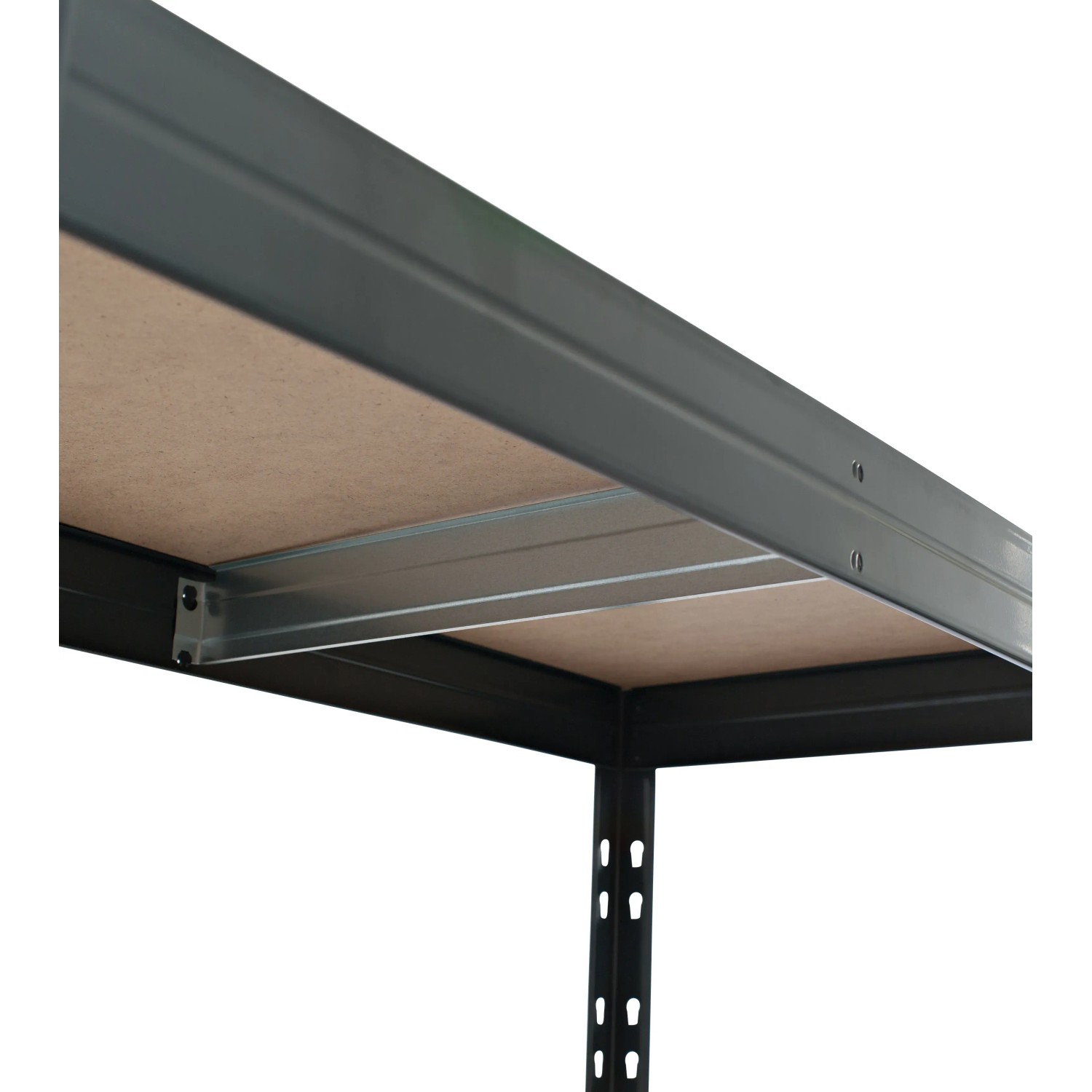 Detailansicht: Ar Shelving Schwerlastregal, anthrazitfarben, mit HDF-Böden und Stecksystem.