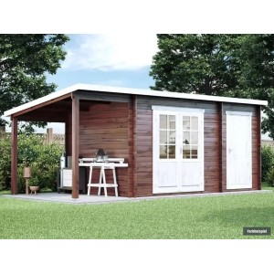 Holz-Gartenhaus Alpholz Maria-28 mit Schleppdach, naturbelassen, mit Doppeltür und Anbau.