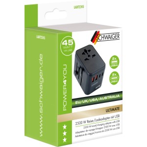 Schwaiger Reiseadapter LADT2245 in Verpackung, schwarz, mit EU/UK/US/AU Steckern, 2x USB-C 45W, 2x USB-A.