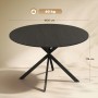 Runder schwarzer Esstisch mit Holzoptik-Platte und stabilem X-förmigem Stahlgestell. Ø120 cm, 75 cm hoch.