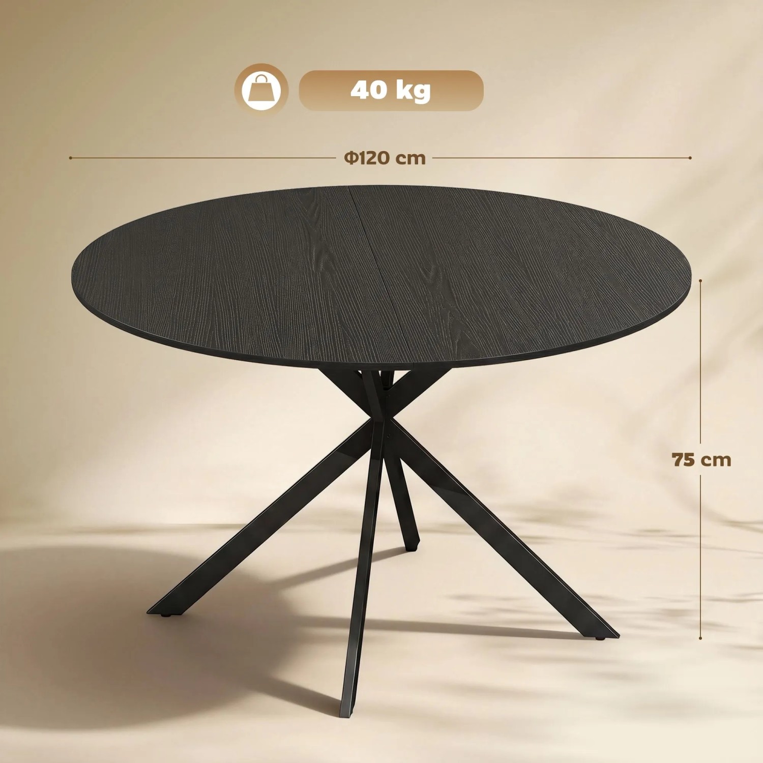 Runder schwarzer Esstisch mit Holzoptik-Platte und stabilem X-förmigem Stahlgestell. Ø120 cm, 75 cm hoch.
