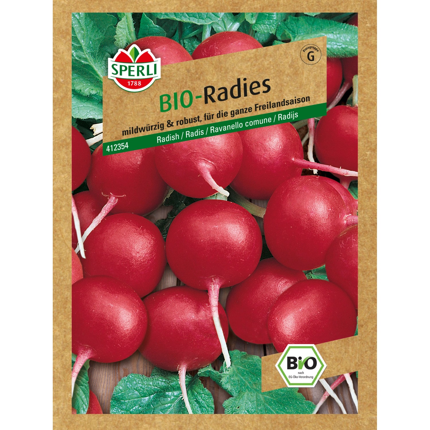 Sperli Bio-Radieschen Cherry-Belle Samen, leuchtend rote, runde Radieschen.
