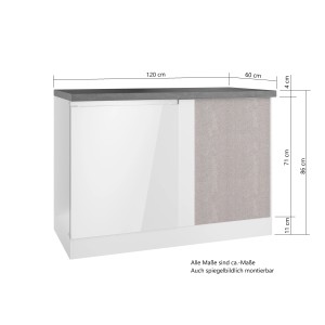 Held Küchen Eckunterschrank Gera, 120 cm, Weiß/Beton, mit Maßangaben.