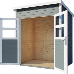 Graues Holz-Gartenhaus Felix mit geöffneten Doppeltüren und Lichtausschnitten.
