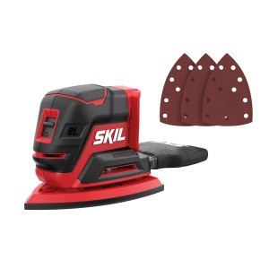 Skil Akku-Multischleifer 3715CA (ohne Akku/Ladegerät) mit Schleifblättern und Staubbeutel.
