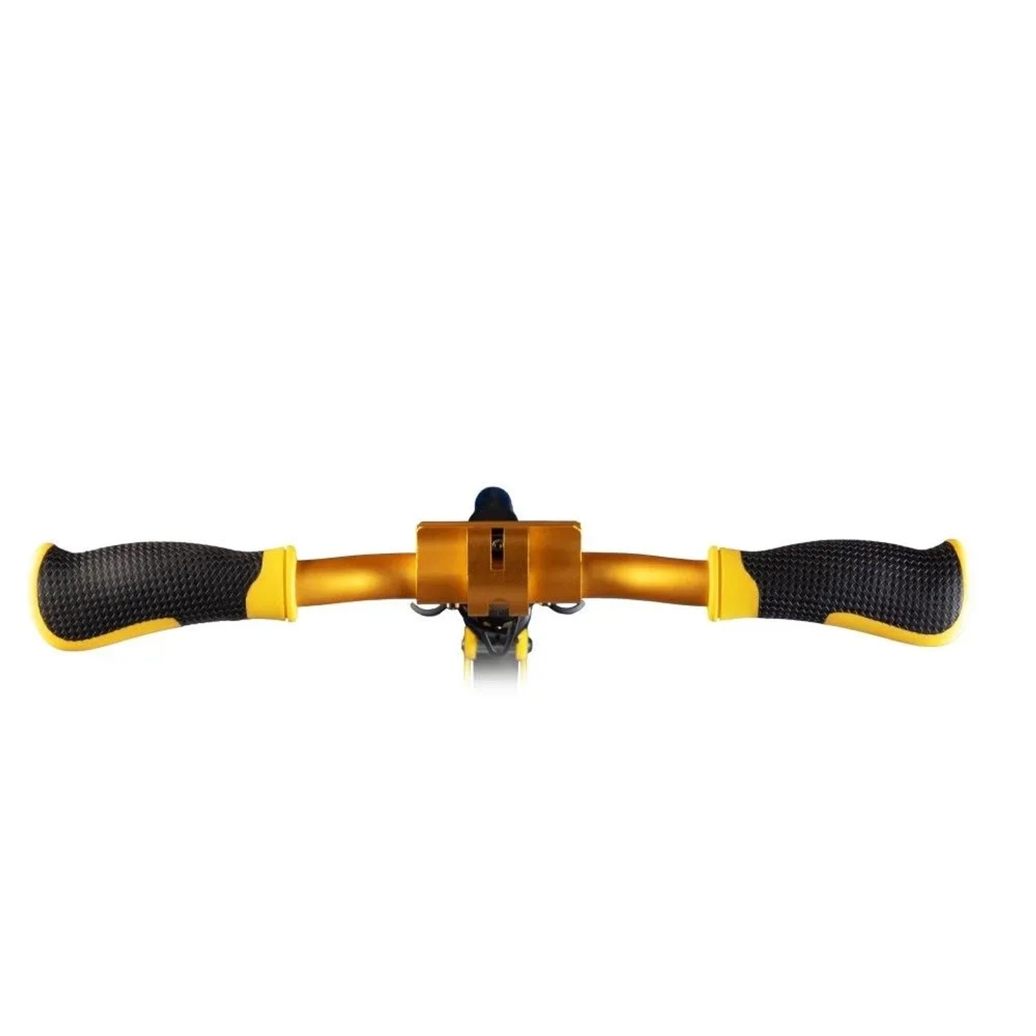 Gelber Aluminium Scooter Lenker mit schwarzen ergonomischen Griffen und Klappmechanismus. Höhenverstellbarer Junior Roller.