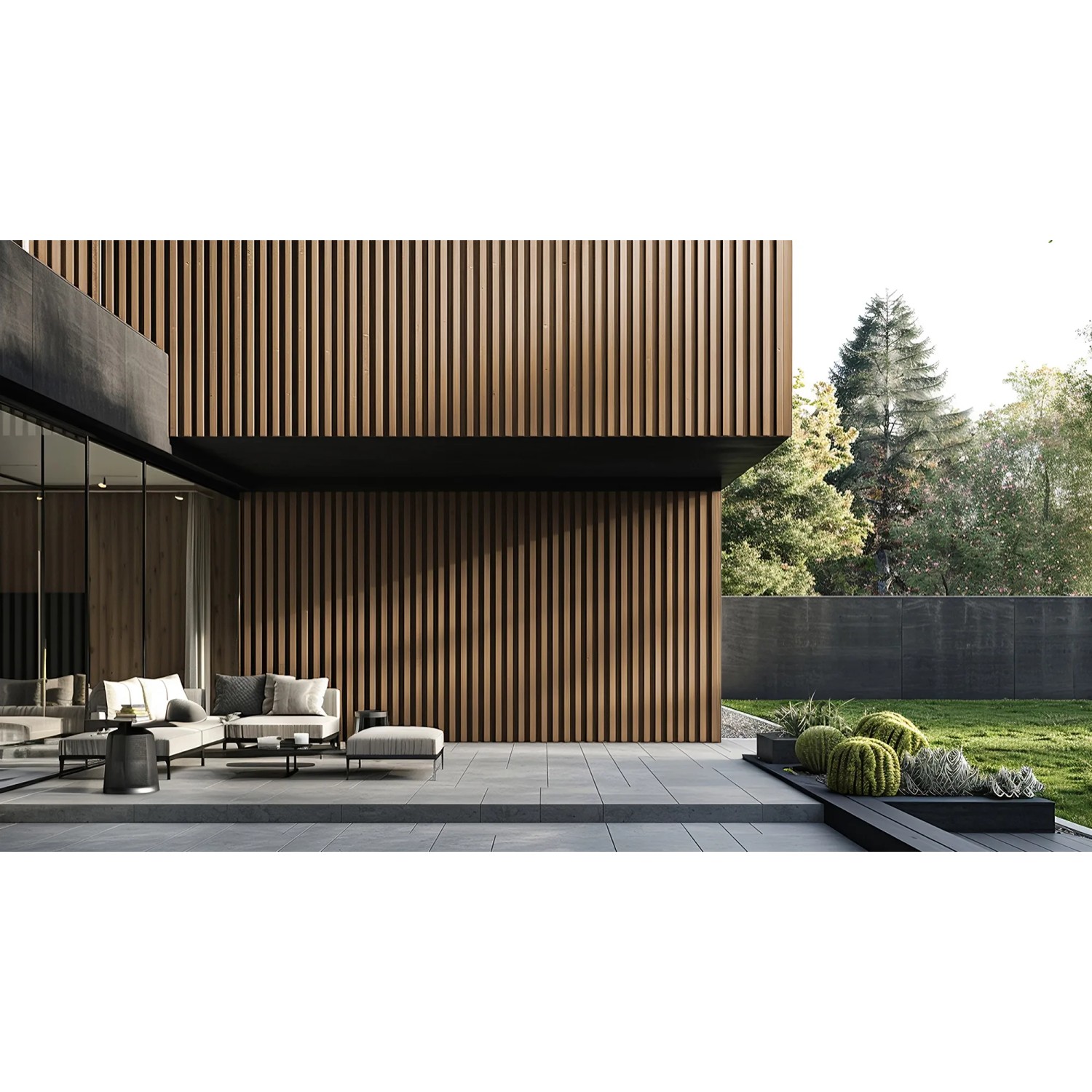 Moderne Hausfassade mit WPC Fassadenverkleidung DUVAR in Teak-Optik.