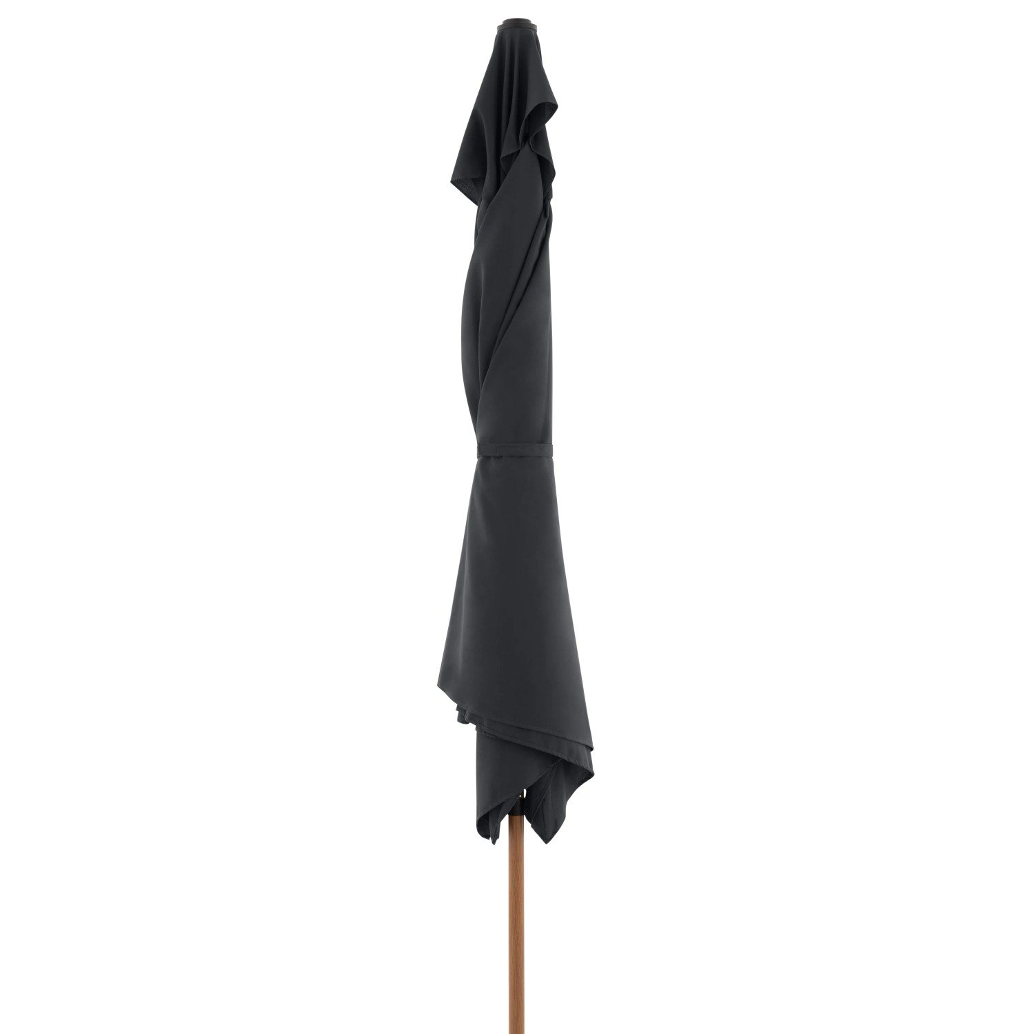 Zusammengebundener, anthrazitfarbener Doppler Balkonschirm Wood mit Holzstiel.