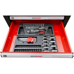 Holzmann Werkstattwagen WW790W mit Werkzeug: Schublade mit Nuss-, Steckschlüssel- und Schraubendreher-Sortiment.