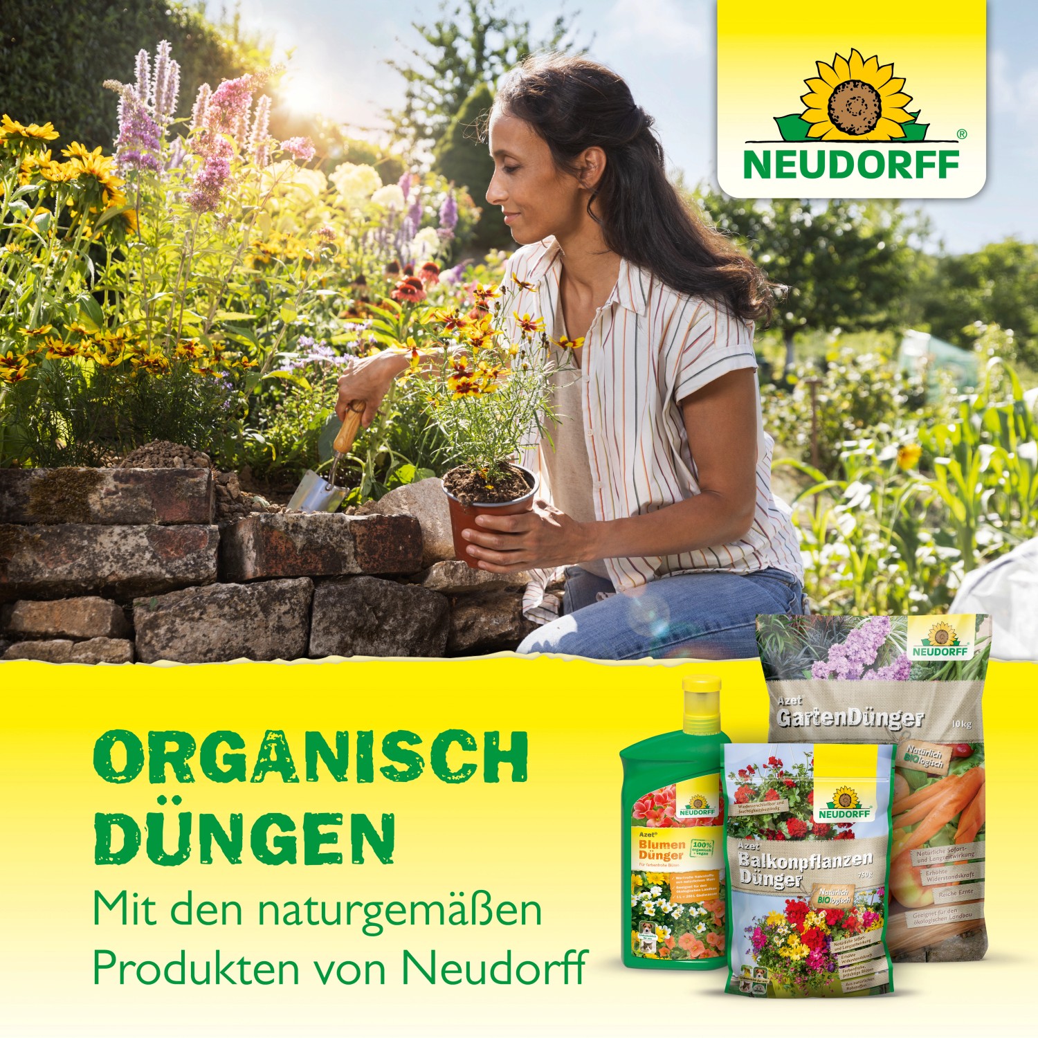 Neudorff Azet Plus Zitrusdünger: Frau pflanzt Blume, im Vordergrund Dünger für Garten-, Balkon- und Zitruspflanzen.