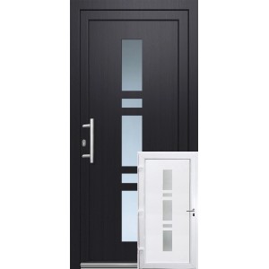 Premium Kunststoff-Haustür SMK 017 in Anthrazit-Weiß mit Milchglaseinsatz und Griff. Ansicht der Tür von links.