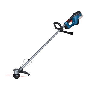 Blauer Bosch Professional Akku-Rasentrimmer GRT 18V-33 mit D-Griff, silbernem Schaft und Schneidfaden für Rasenpflege.