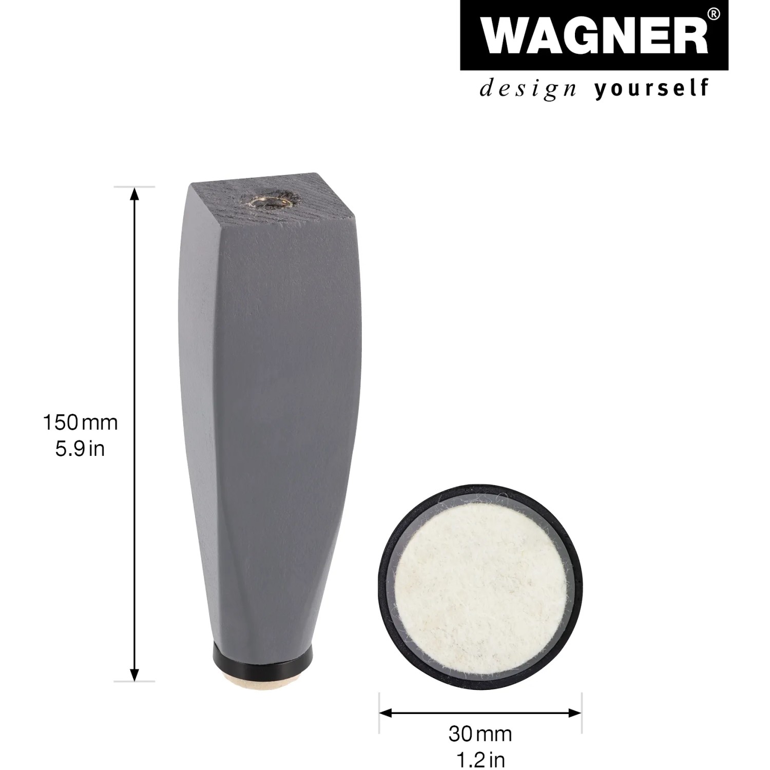 Wagner Möbelbein Wood V2, Ø 3 cm, 15 cm, Kiefer Grau, mit Filzgleiter.
