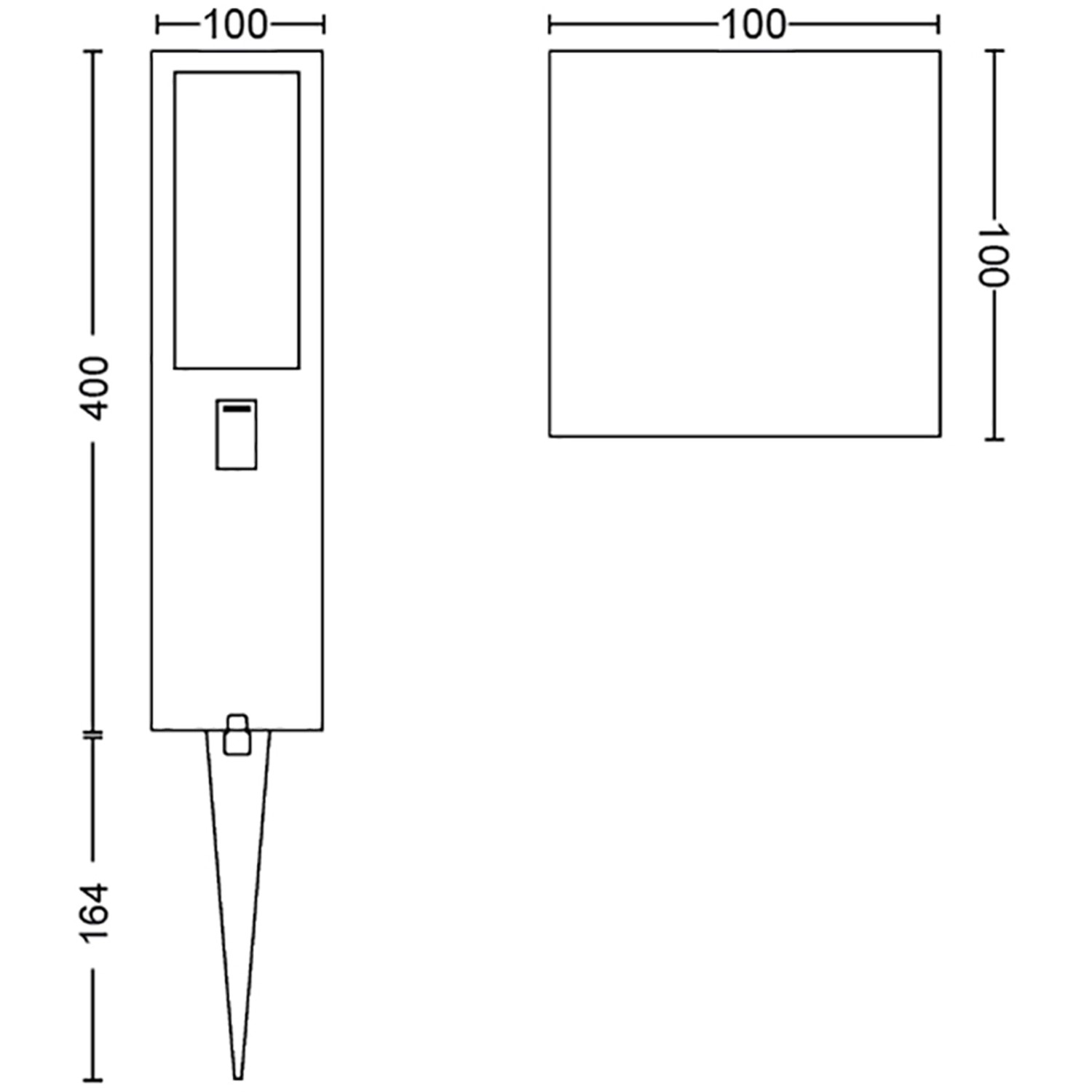 Skizze der Philips Hue Impress Sockelleuchte, Maße: 400 x 100 mm, Detailansicht für Planung.