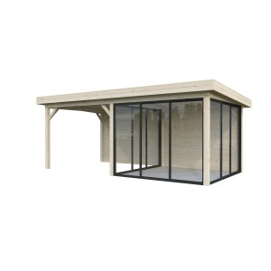 Palmako Pavillon Lenna Set mit Schiebetüren, naturbelassen, aus Holz.