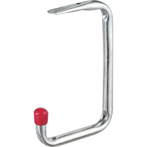 Verzinkter Deckenhaken aus Stahlrohr mit roter Gummikappe, gebogen, für Lasten bis 10 kg.