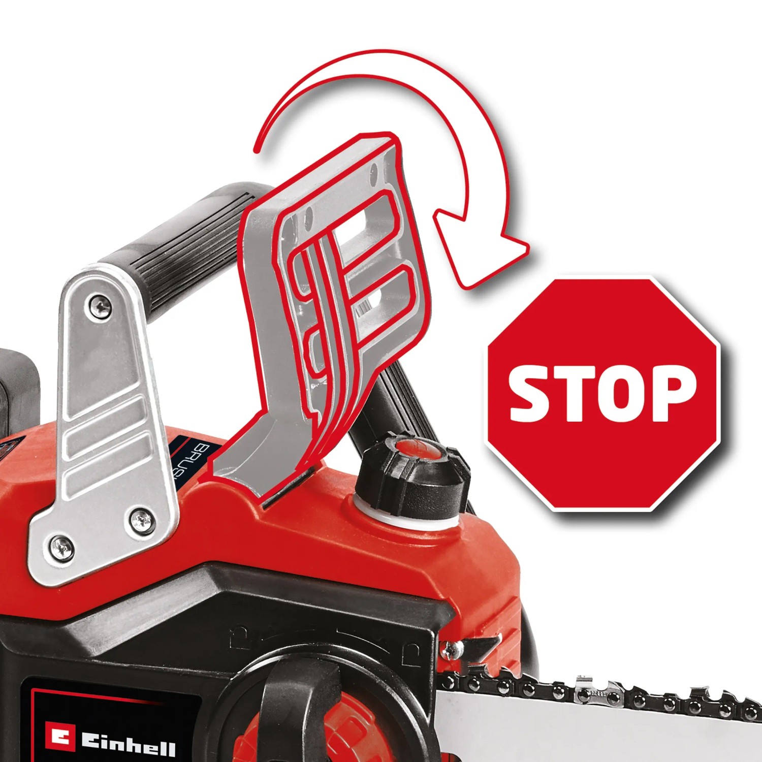 Einhell Akku-Kettensäge GP-LC 36/35: Detailaufnahme der Kettenbremse und des STOP-Schilds.