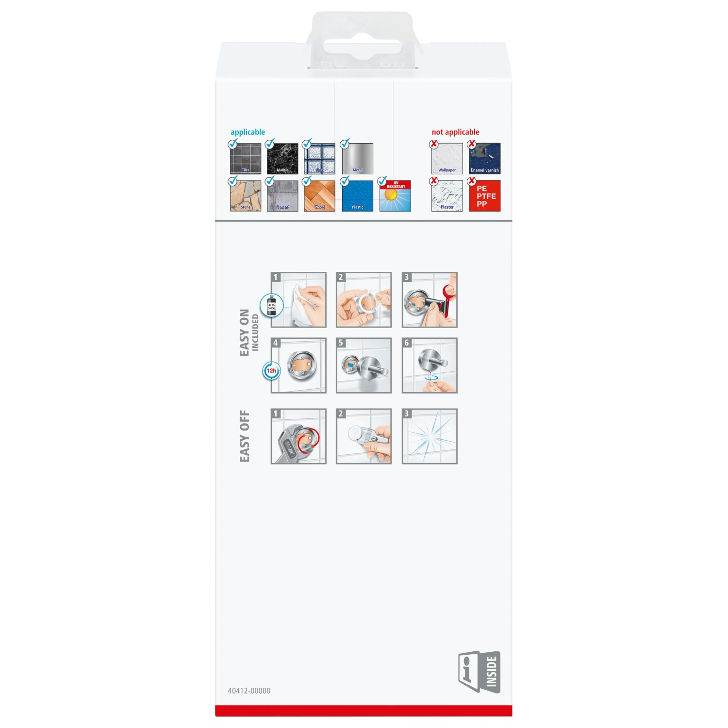 Verpackung der Tesa Duschablage Deluxxe Chrom mit Montagehinweisen.