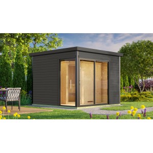Modernes Design-Saunahaus 412 Sparset mit Graphitgrauer Außenwand und Glasschiebetür.