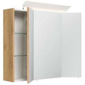 Posseik Spiegelschrank 75 cm Eiche Gold mit LED-Lampe und Glasböden.