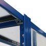 Detailaufnahme: Blaues Ar Shelving T Profil Steckregal mit verzinkten Böden.