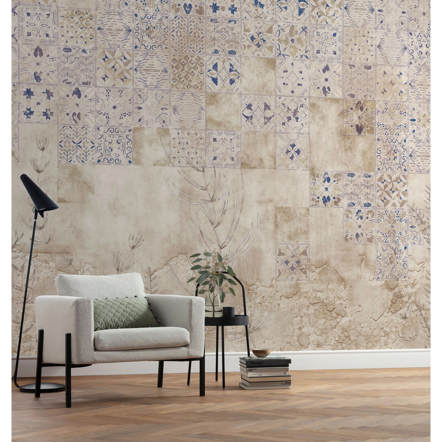Komar Fototapete Murmurous Marrakesh, beige-blaue Fliesenmuster Optik, 400x250cm.
