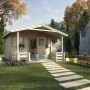Unbehandeltes Weka Holz-Gartenhaus mit Satteldach und überdachter Terrasse im Garten.