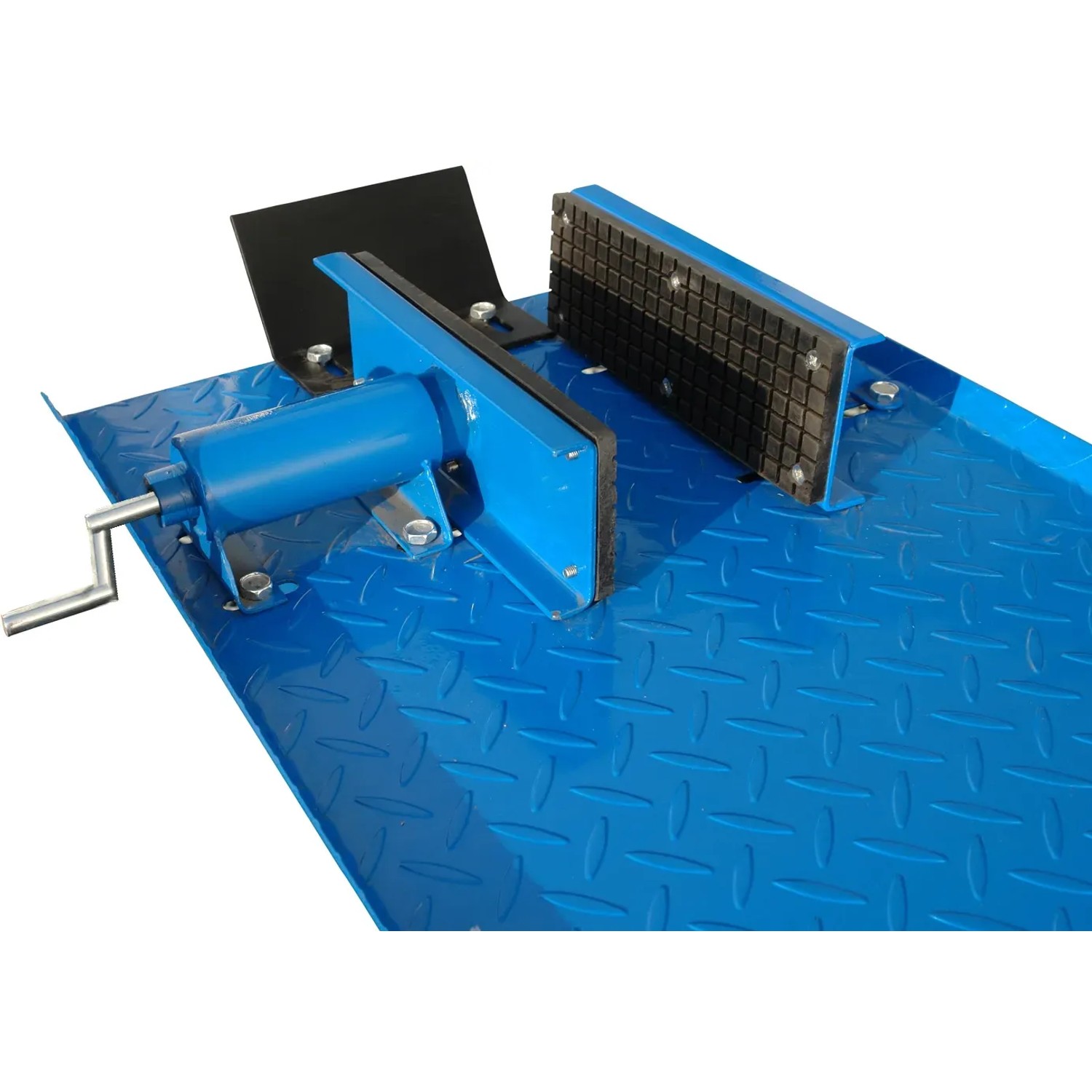 Blaue Güde Motorrad Montagerampe GMR 360 mit Spannvorrichtung für Wartung und Reparatur.