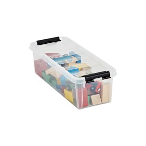 Transparente SmartStore Aufbewahrungsbox Classic 3,5 l mit Spielzeug und schwarzem Deckel.