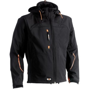 Schwarze Herock Softshell-Jacke Poseidon (Größe M) für Arbeitskleidung mit Kapuze und Taschen.