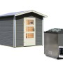 Karibu Saunahaus Espen in Terragrau mit Vorraum, Saunaofen und externer Steuerung.