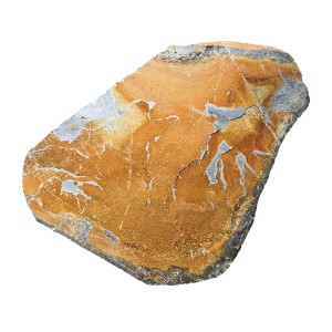 Ockerfarbene Scherf Schiefer-Trittplatte Oxid, Ø 40 cm, für Gartenwege.