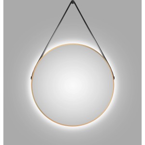 Runder LED-Lichtspiegel Silver Barbier Ø 80 cm mit goldenem Rahmen und Lederband.