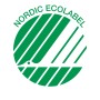 Nordic Ecolabel Zeichen, grünes Logo mit stilisiertem Schwan und diagonalen Streifen.