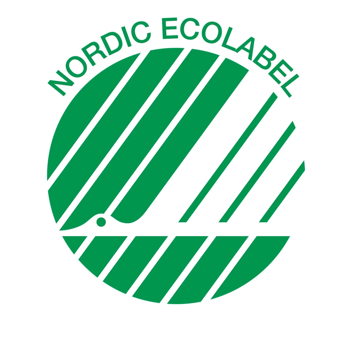 Nordic Ecolabel Zeichen, grünes Logo mit stilisiertem Schwan und diagonalen Streifen.