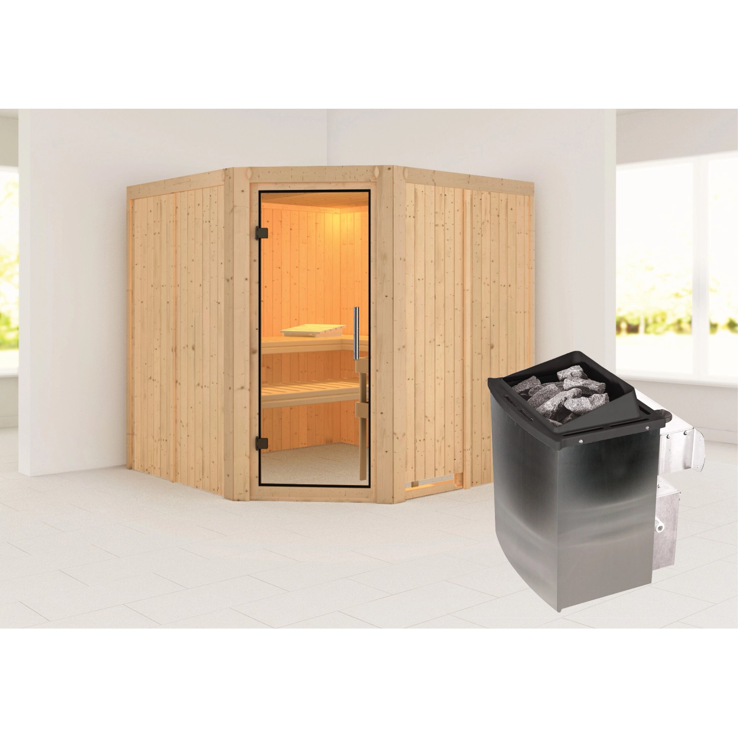 Karibu Sauna Jorma mit Ofen und integrierter Steuerung, naturbelassenes Holz, Ganzglastür.