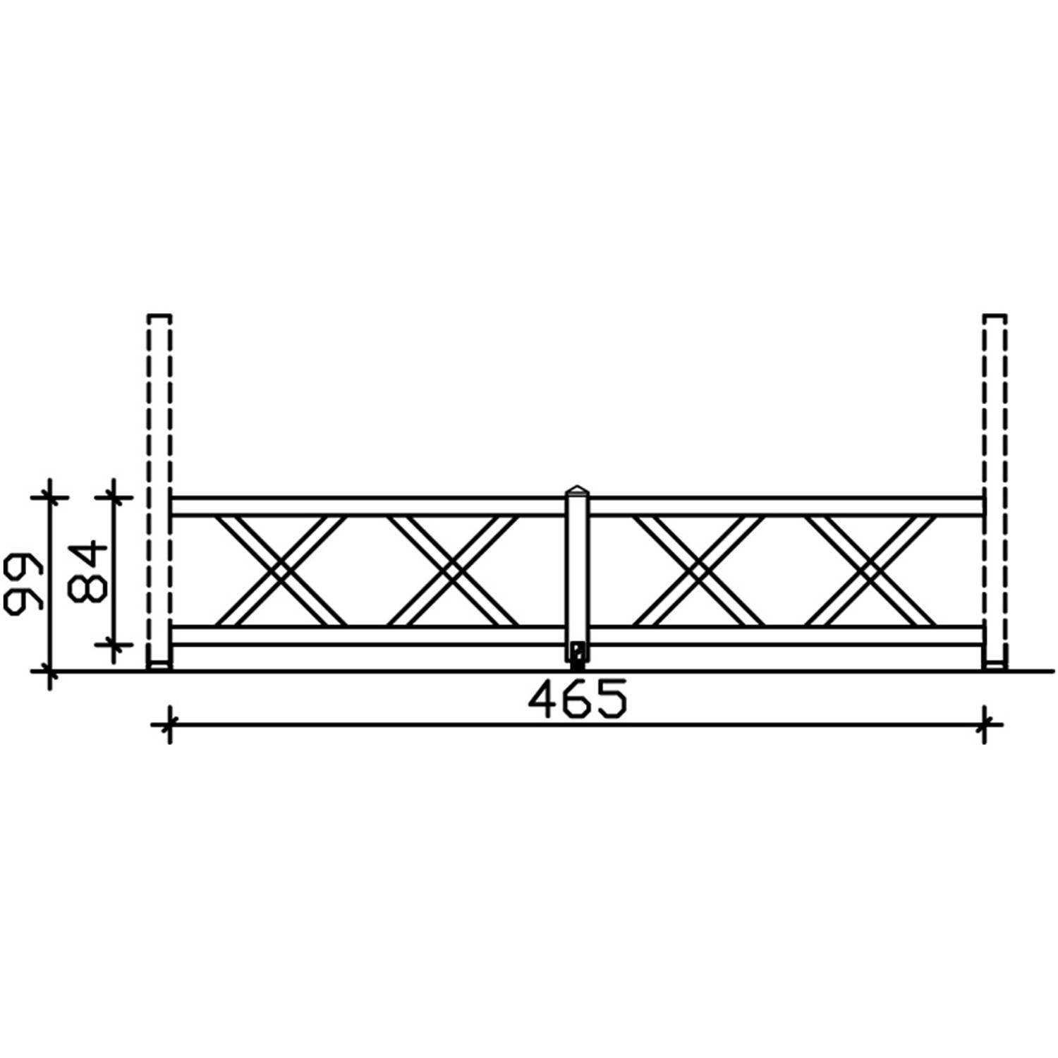 Technische Zeichnung: Skan Holz Brüstung Andreaskreuz, 465x84 cm, Fichte Natur, Zubehör für Lauben & Pavillons.