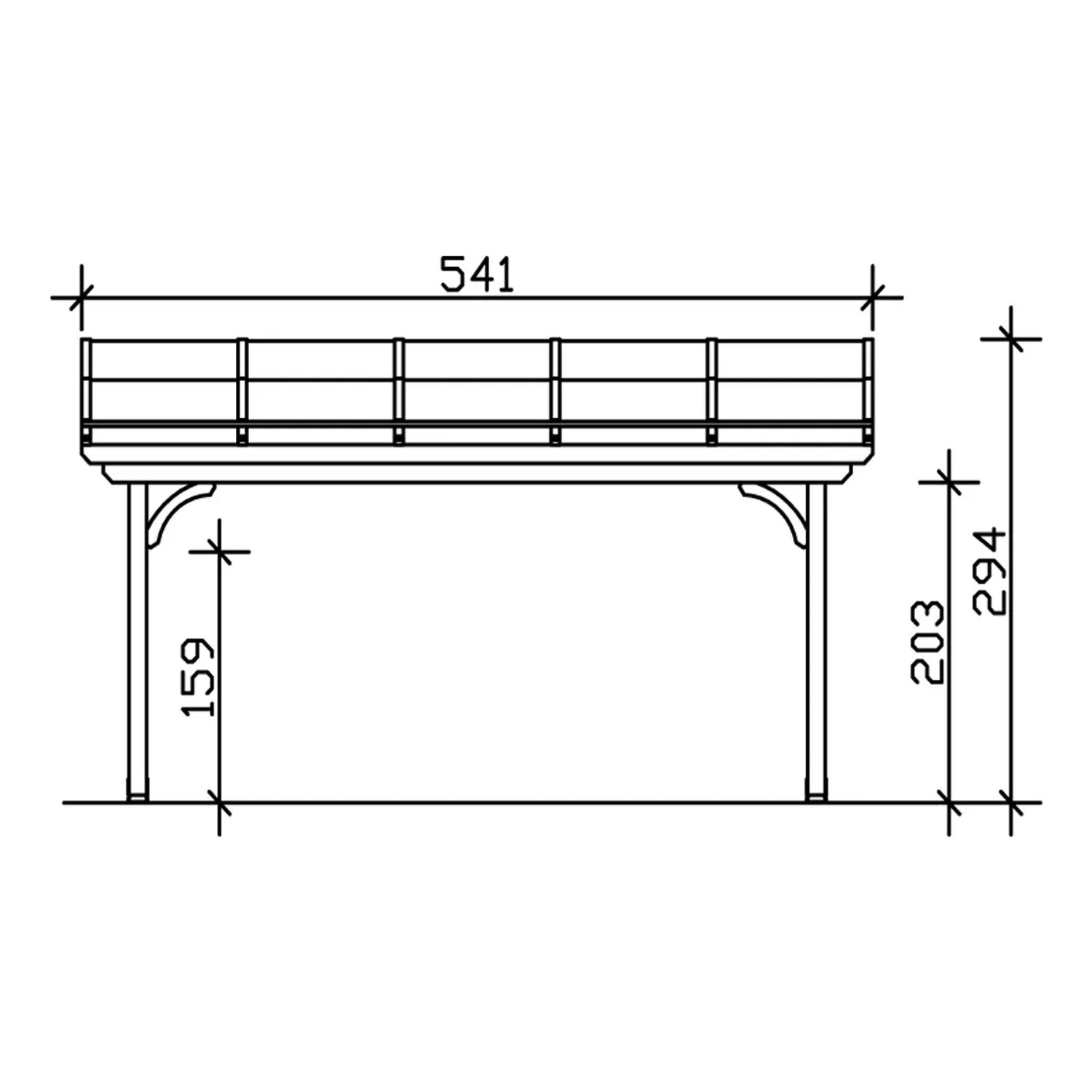 Technische Zeichnung der Skan Holz Terrassenüberdachung Verona, Maße 541x239 cm, aus Leimholz.