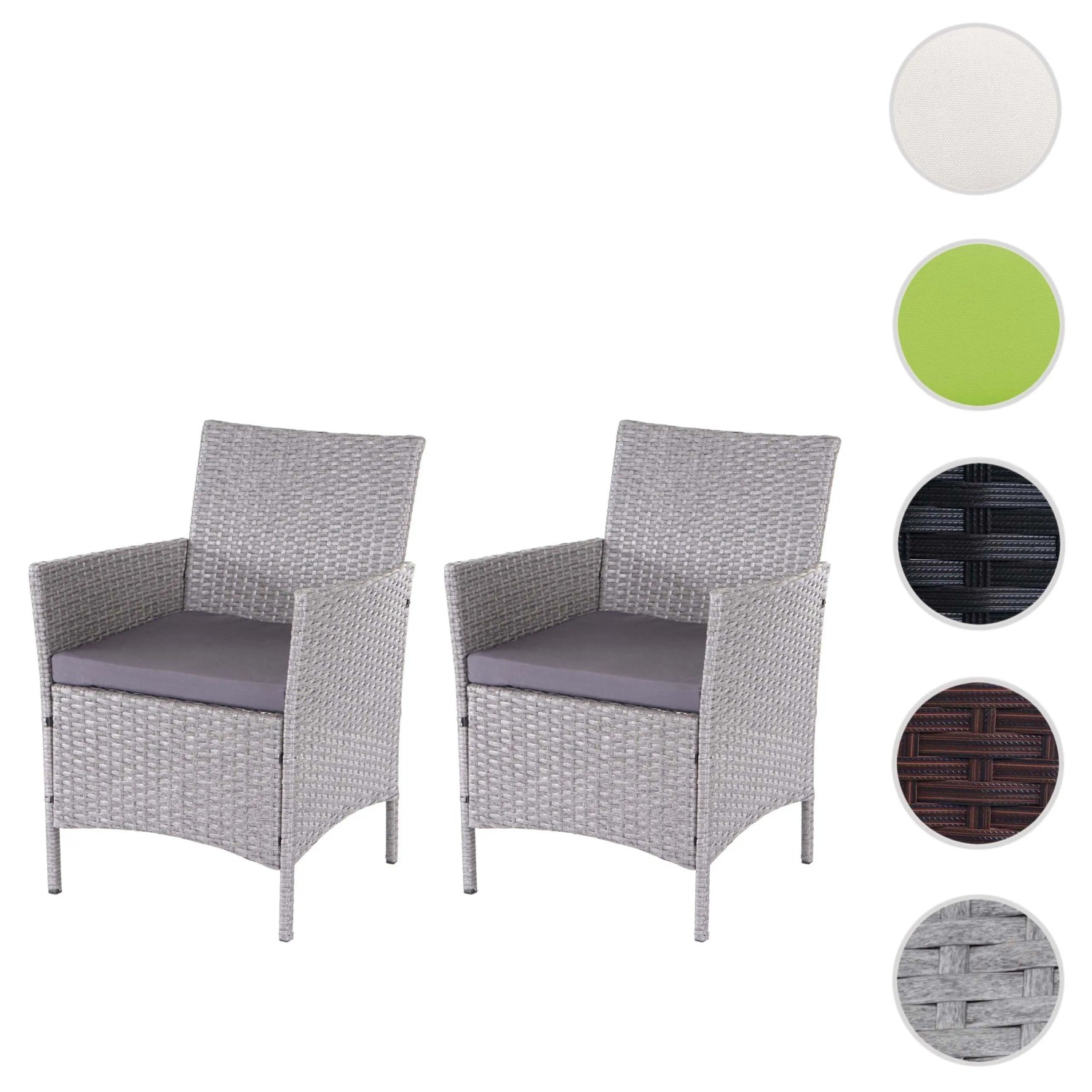 2er-Set graue Poly-Rattan Gartensessel Halden mit anthrazitfarbenen Kissen.