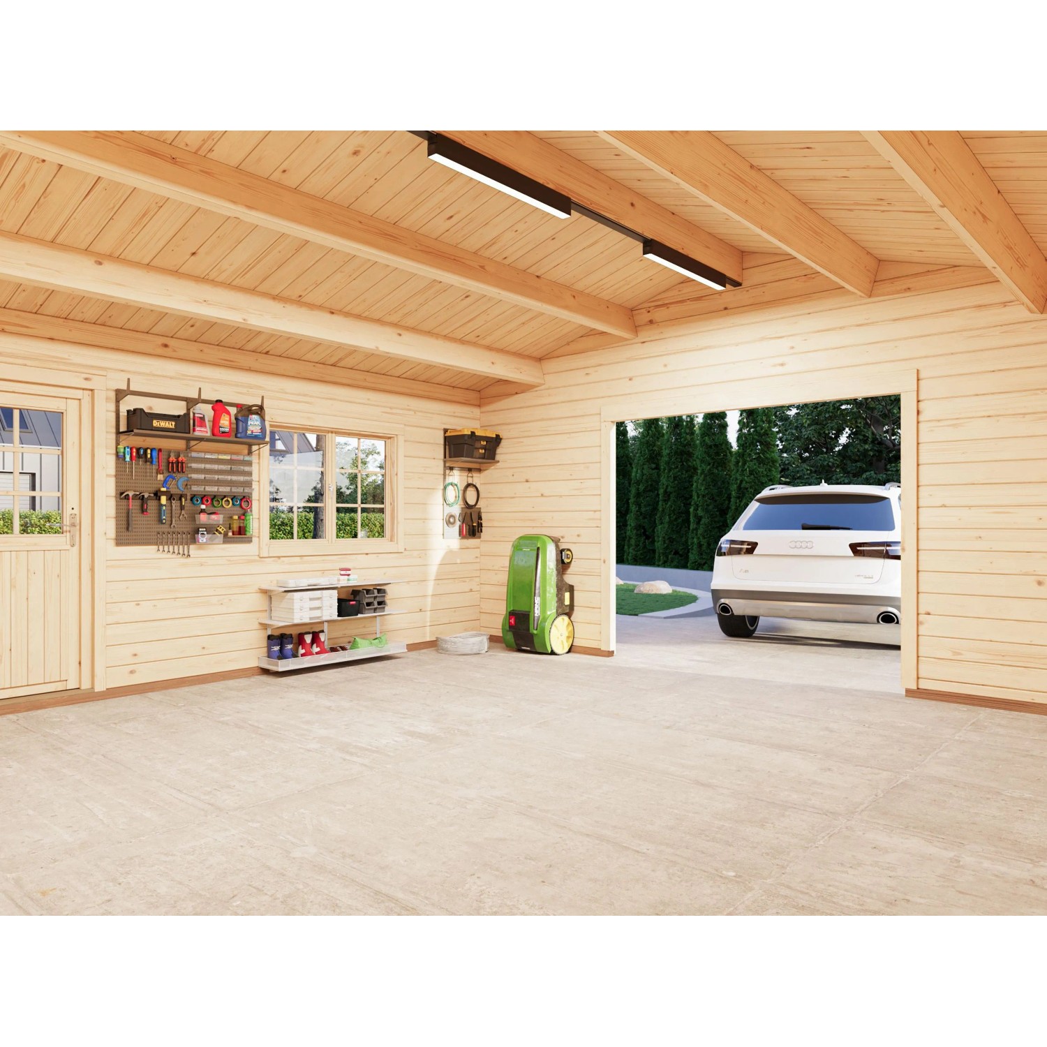 Innenansicht der tauchgrundierten Palmako Holzgarage Roger mit Zubehör und Auto.