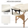 Cremeweißer Massagetisch aus Buchenholz mit Kunstlederbezug, Schaumstoffpolsterung, verstellbarer Kopf- und Armlehne.