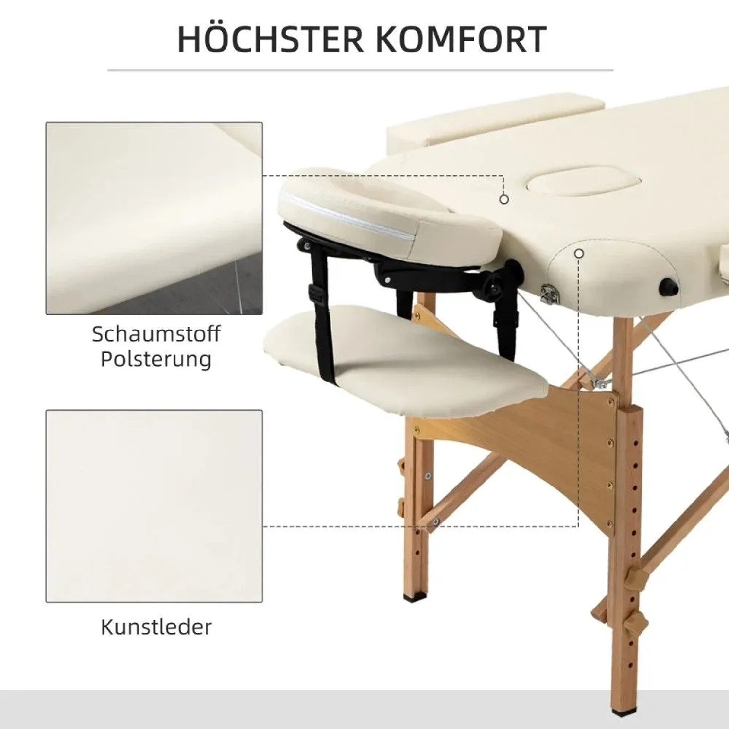 Cremeweißer Massagetisch aus Buchenholz mit Kunstlederbezug, Schaumstoffpolsterung, verstellbarer Kopf- und Armlehne.