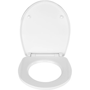 Weißer Wenko WC-Sitz Spa aus Acryl mit Absenkautomatik, geöffnet.