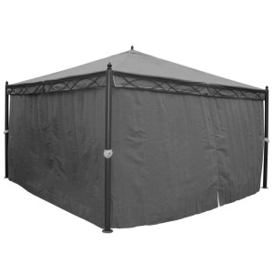 Graue MCW Pergola Calpe 4x4m mit Dach, Seitenwand und Moskitonetz.