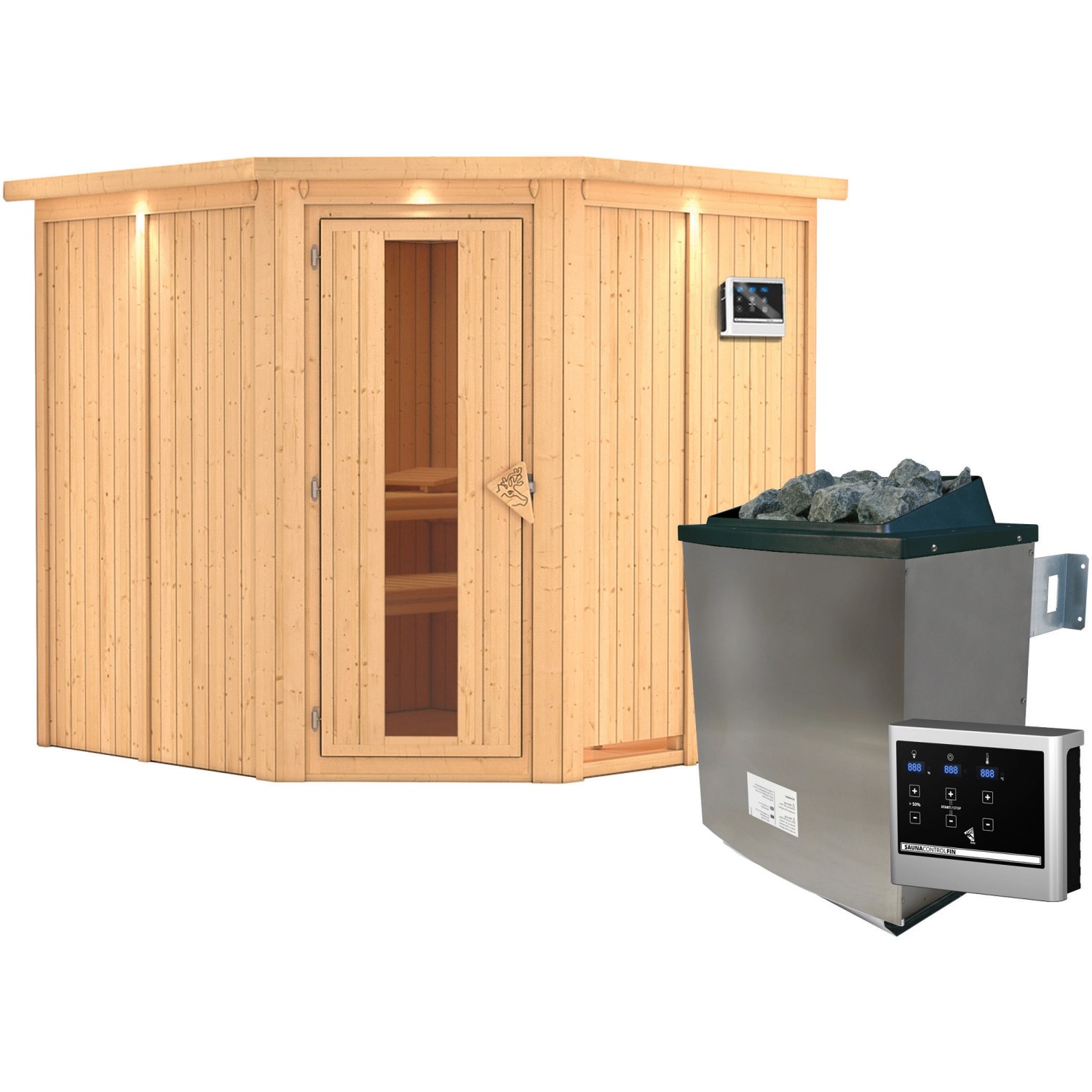 Karibu Sauna Jorma mit Ofen und LED-Dachkranz aus naturbelassener Fichte.