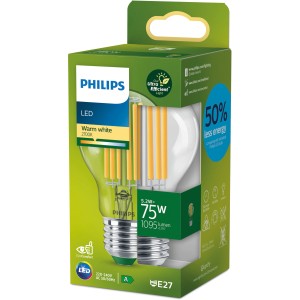 Philips LED E27 Leuchtmittel, Glühlampenform, 5,2W, 1095lm, warmweiß, in Produktverpackung.