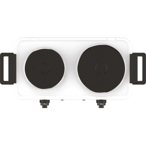 Elektrische Kochplatte mit 2 Kochfeldern (max. 2500 W) in Weiß, mit Griffen für einfachen Transport.