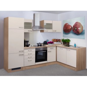 Flex-Well Winkelküche Orlando in Kaschmir-Glanz und Sonoma Eiche Optik mit E-Geräten.