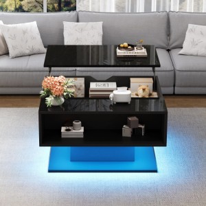 Schwarzer Hochglanz Couchtisch mit hydraulischem Aufzug, Stauraum und blauer LED-Beleuchtung, modern im Wohnzimmer.